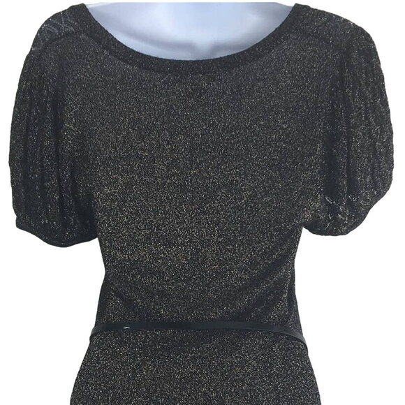Kensie Lite-Knit Black and Gold Form Fitting Belted Midi-Dress Size Medim - Picture 3 of 10